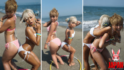 女孩們在海灘上做相撲 Leona Maruyama 和 NOA